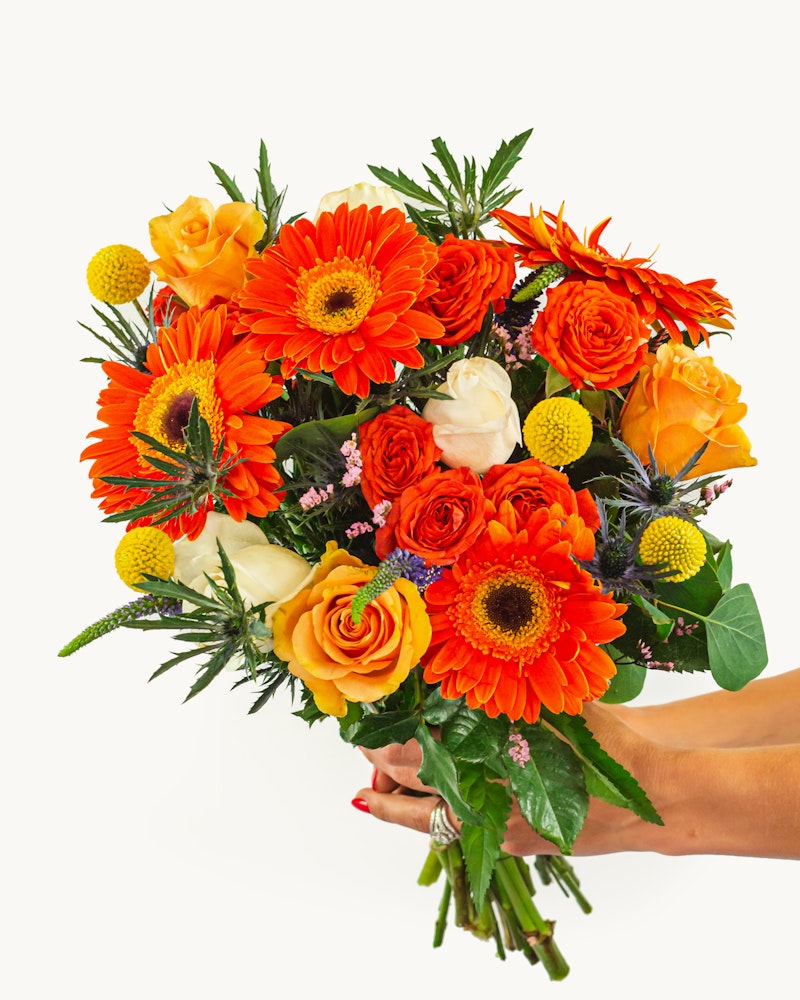 A vibrant bouquet with orange gerberas, yellow roses, and a mix of greenery and filler flowers, cradled in a person's hands against a white background.