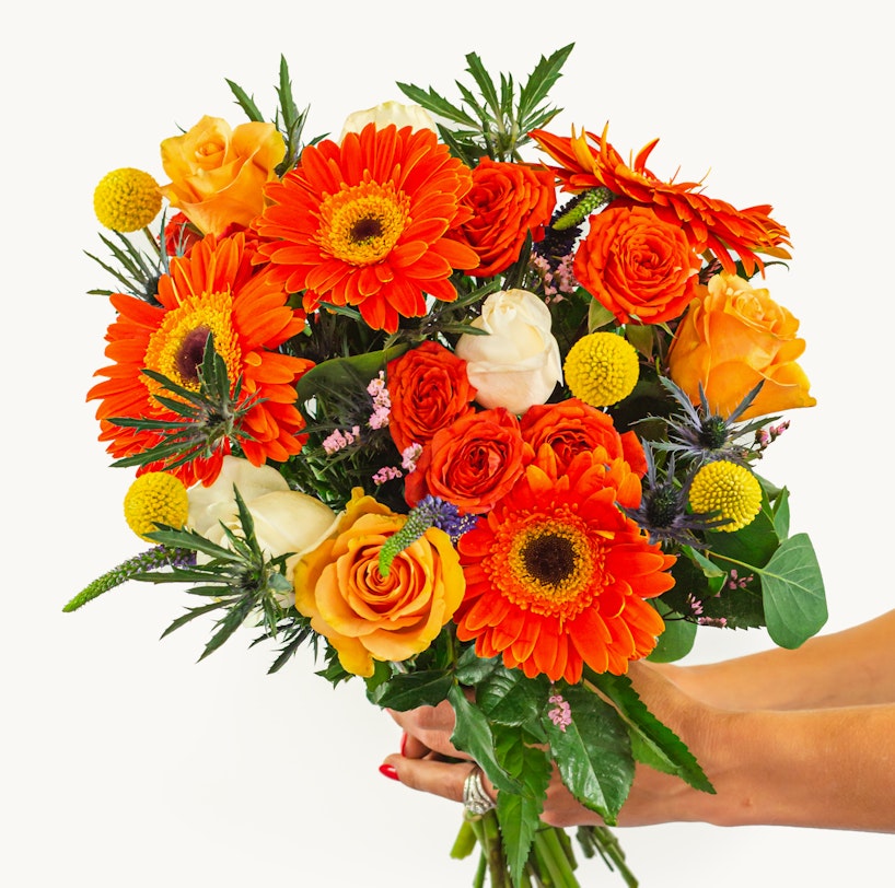 A vibrant bouquet with orange gerberas, yellow roses, and a mix of greenery and filler flowers, cradled in a person's hands against a white background.