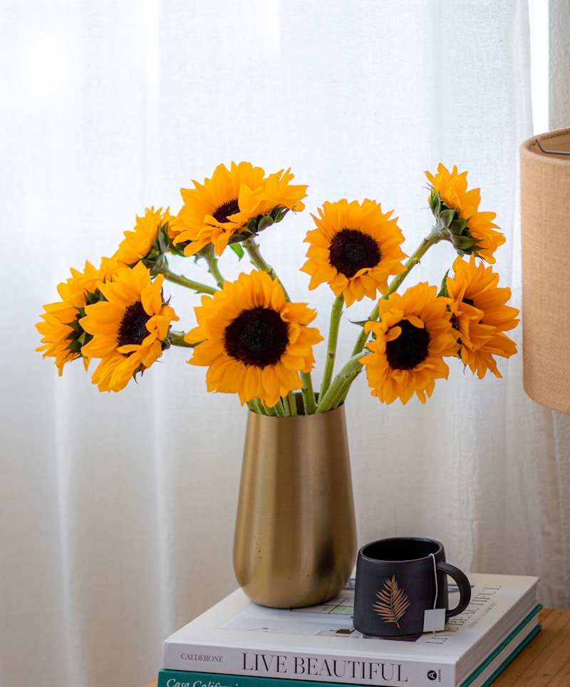 Vibrant sunflowers arranged in a metallic vase on a stack of books next to a black coffee mug, set against a sheer white curtain backdrop.