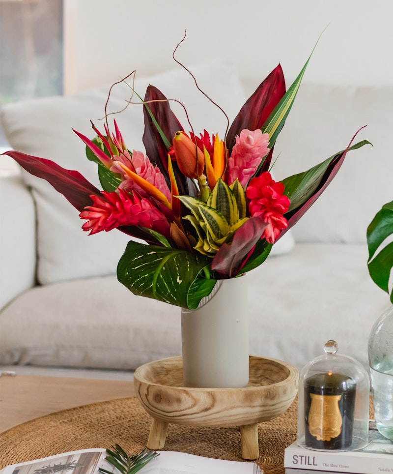 Vibrant tropical flower arrangement in a white vase on a wooden stand, with a cozy living room setting and a book titled "STILL" in the background.
