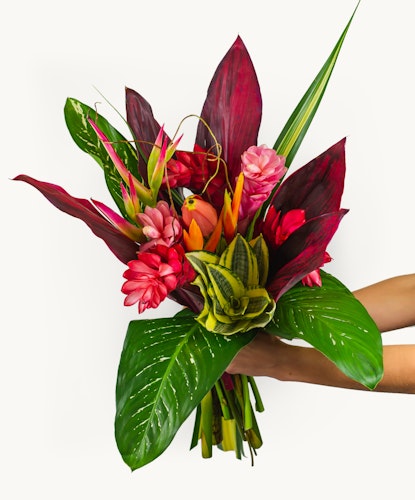 Vibrant tropical flower bouquet featuring lush greens and colorful blooms, perfect for any occasion.