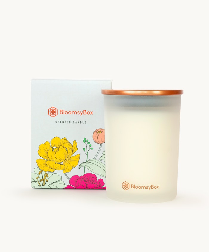 Elegant scented candle in a frosted glass jar, accompanied by a beautifully designed box.