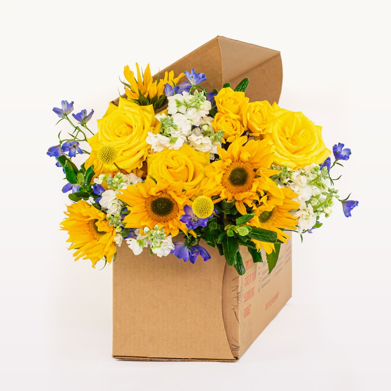 Bright yellow sunflowers, roses, and blue flowers arranged elegantly in a cardboard box against a white background, presenting a fresh bouquet for delivery.