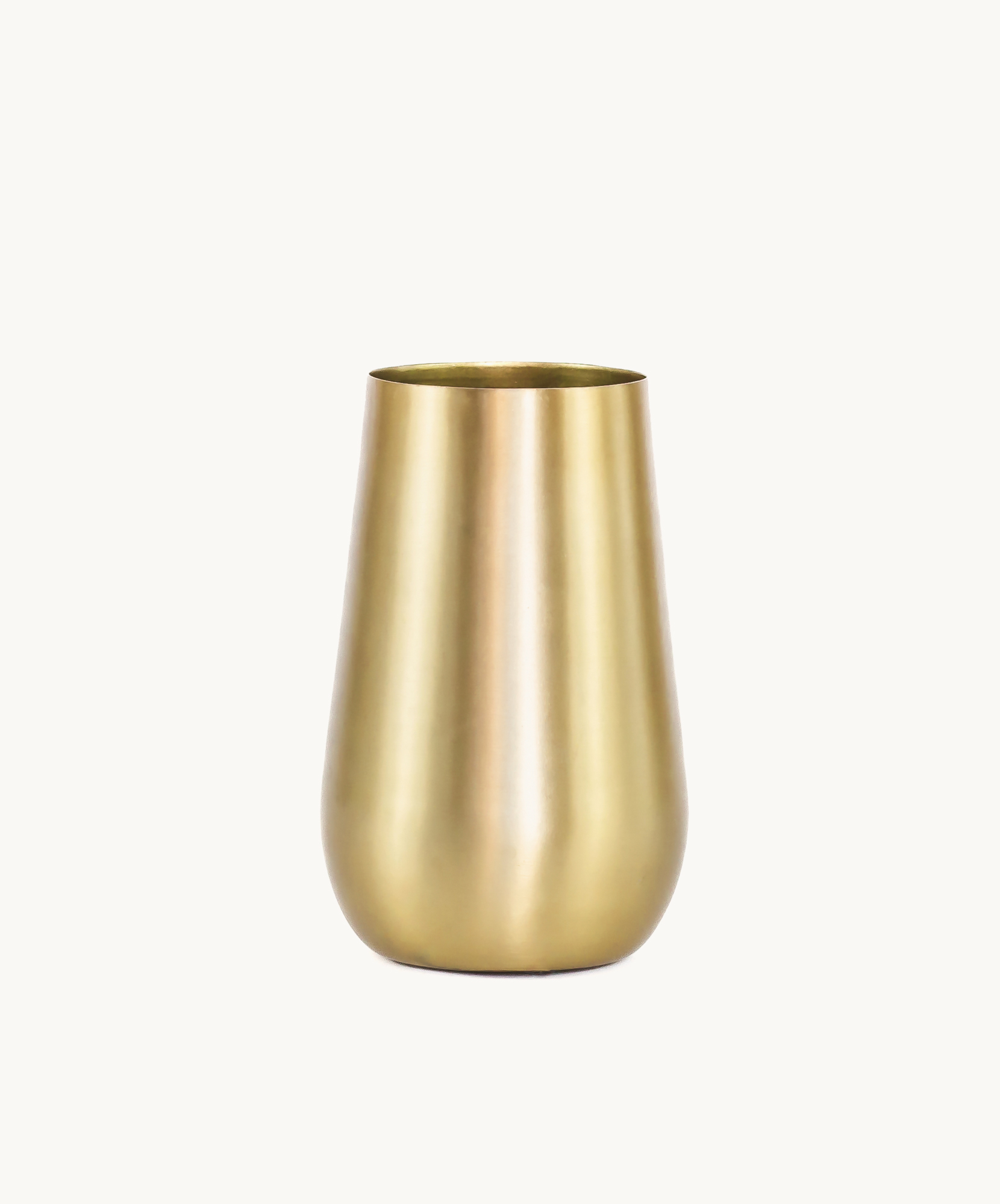 Sleek gold vase with a modern design, perfect for floral arrangements and decor.