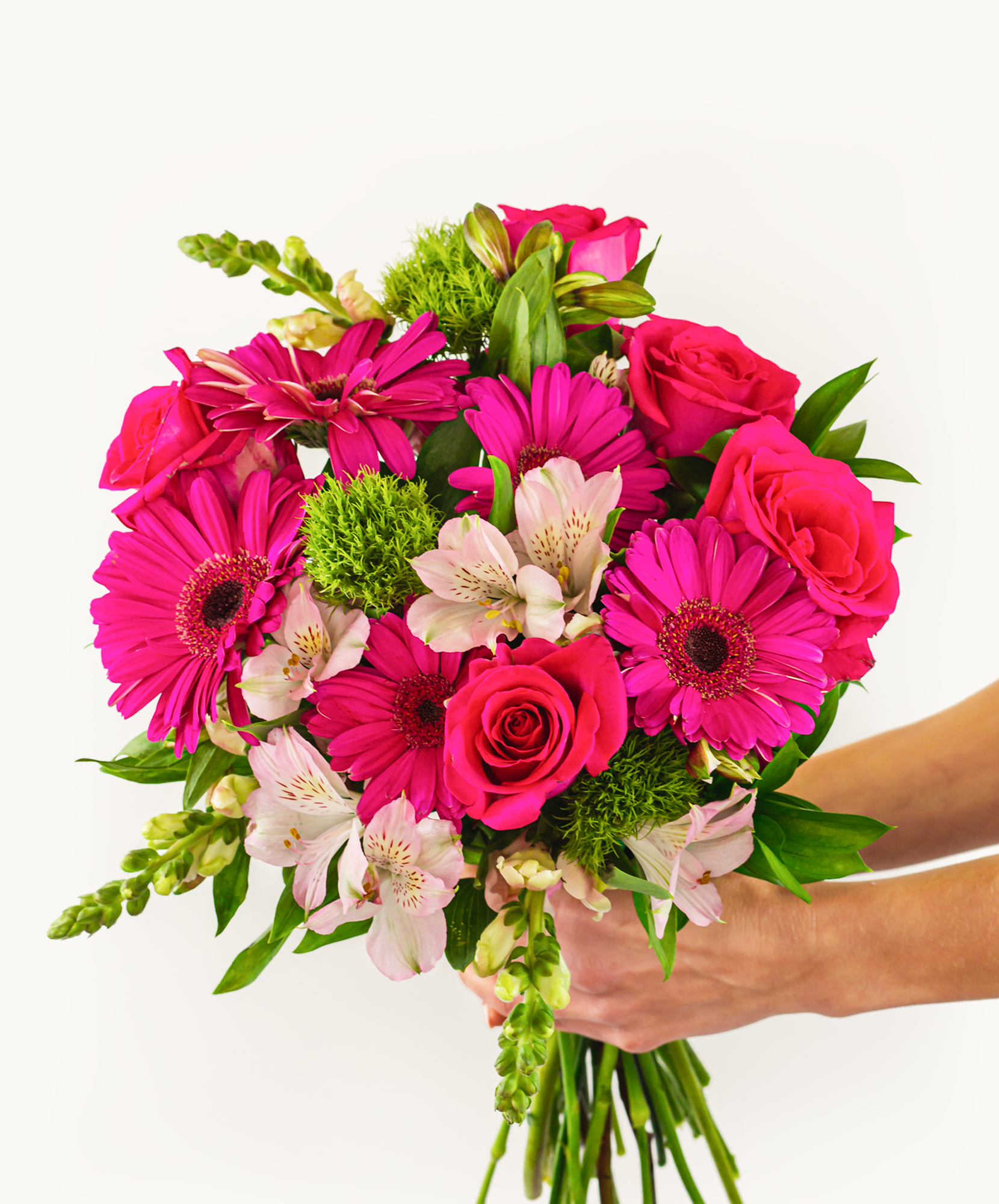Vibrant bouquet featuring pink roses, gerbera daisies, and alstroemeria, perfect for celebrations.
