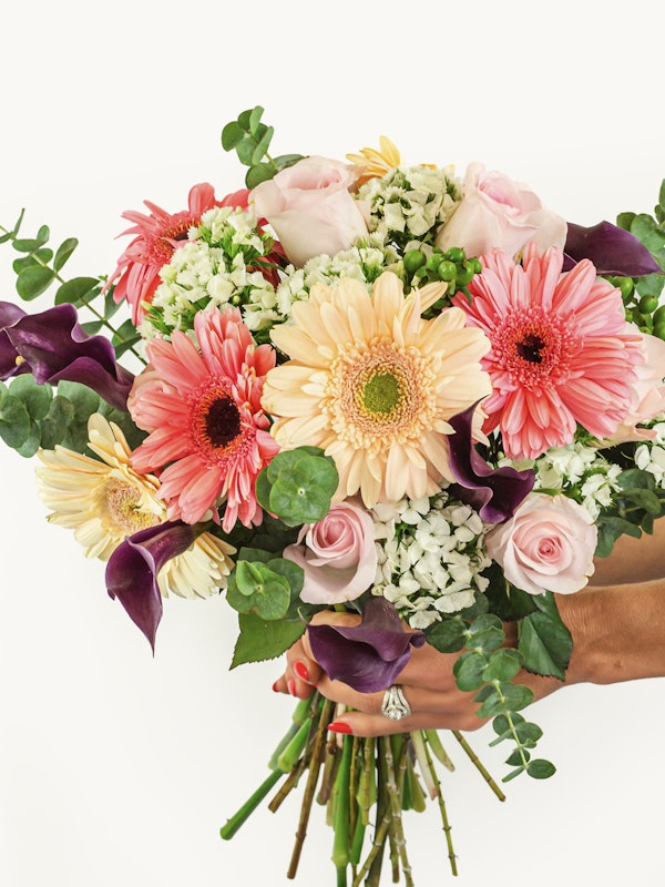 A person holds a vibrant bouquet featuring pink roses, red and yellow gerberas, and assorted greenery against a white background, ideal for special occasions.