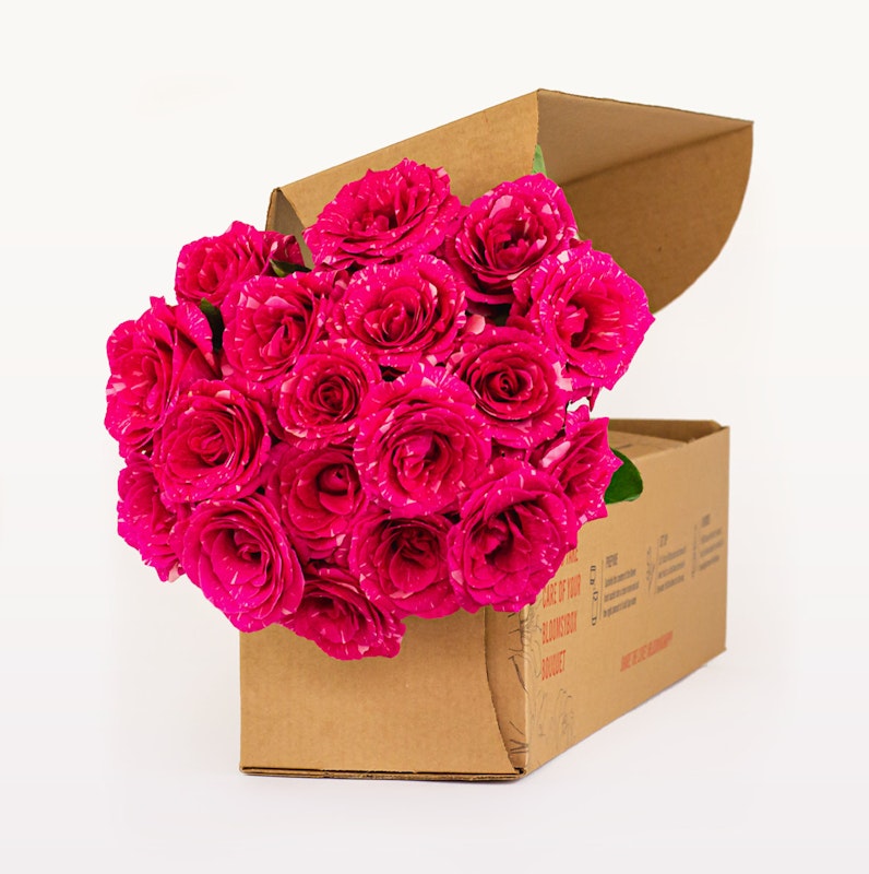 Bouquet of vibrant pink roses overflowing from an open cardboard box against a white background, suggesting a delivery of fresh flowers.