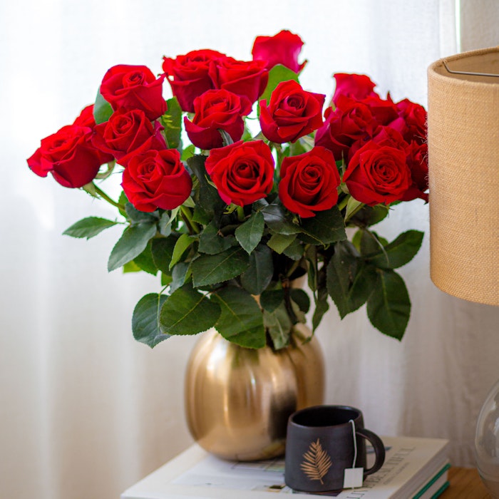 A vibrant bouquet of fresh red roses in a golden vase on a table beside a lamp and a white mug with a leaf design, set against a soft-focus home interior background.