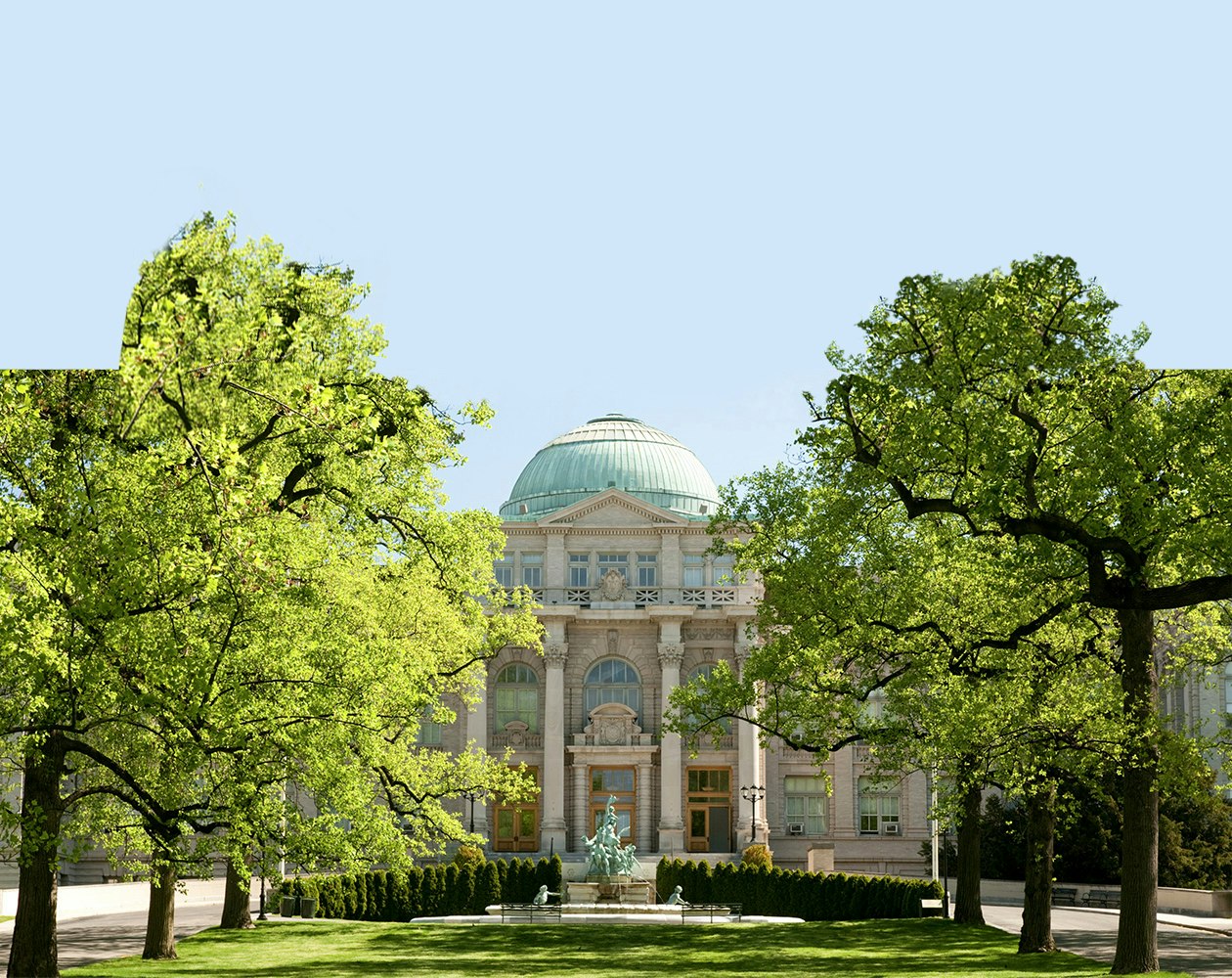 Lush green trees frame the pathway leading to an elegant building with a grand dome and a central fountain, showcasing classical architecture on a clear day.
