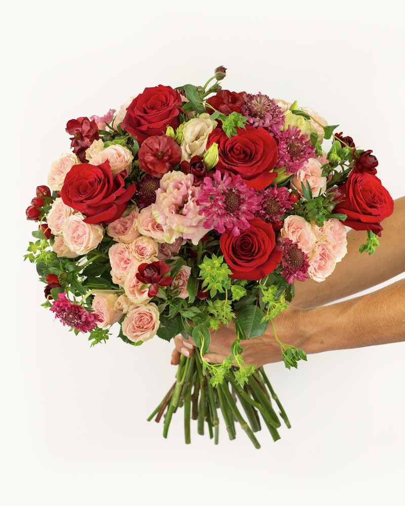 A person holding a large bouquet of fresh flowers featuring red roses, pink blooms, and greenery against a white background, perfect for romantic occasions or as a gift.