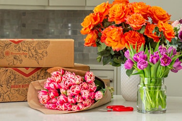Vibrant floral arrangement with orange roses and pink tulips, alongside BloomsyBox subscription boxes, displayed on a kitchen counter with a white vase and shears.