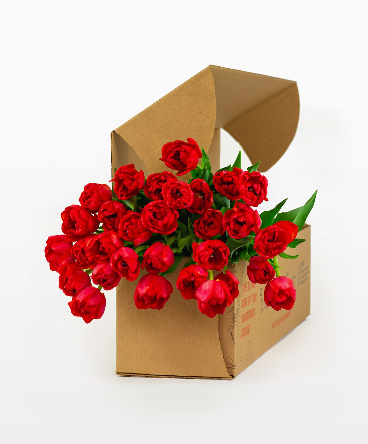 A vibrant bouquet of red tulips beautifully arranged in a stylish cardboard box.