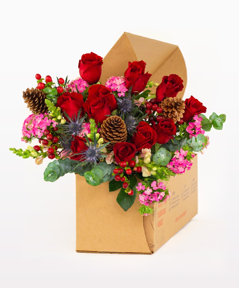 Vibrant bouquet of red roses, pink flowers, and greenery with pine cones in a brown paper bag on a white background, ideal for festive occasions and gifts.