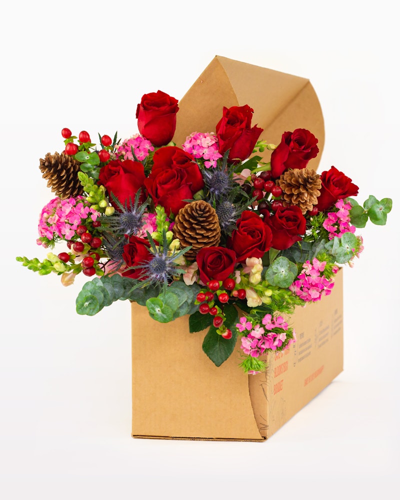 Vibrant bouquet of red roses, pink flowers, and greenery with pine cones in a brown paper bag on a white background, ideal for festive occasions and gifts.