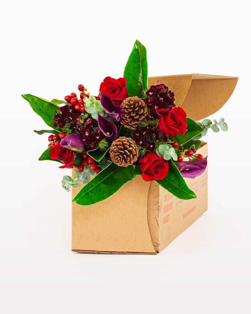 A vibrant bouquet of red roses, purple flowers, green leaves, and pine cones in a cardboard box against a white background, suggesting a fresh delivery.