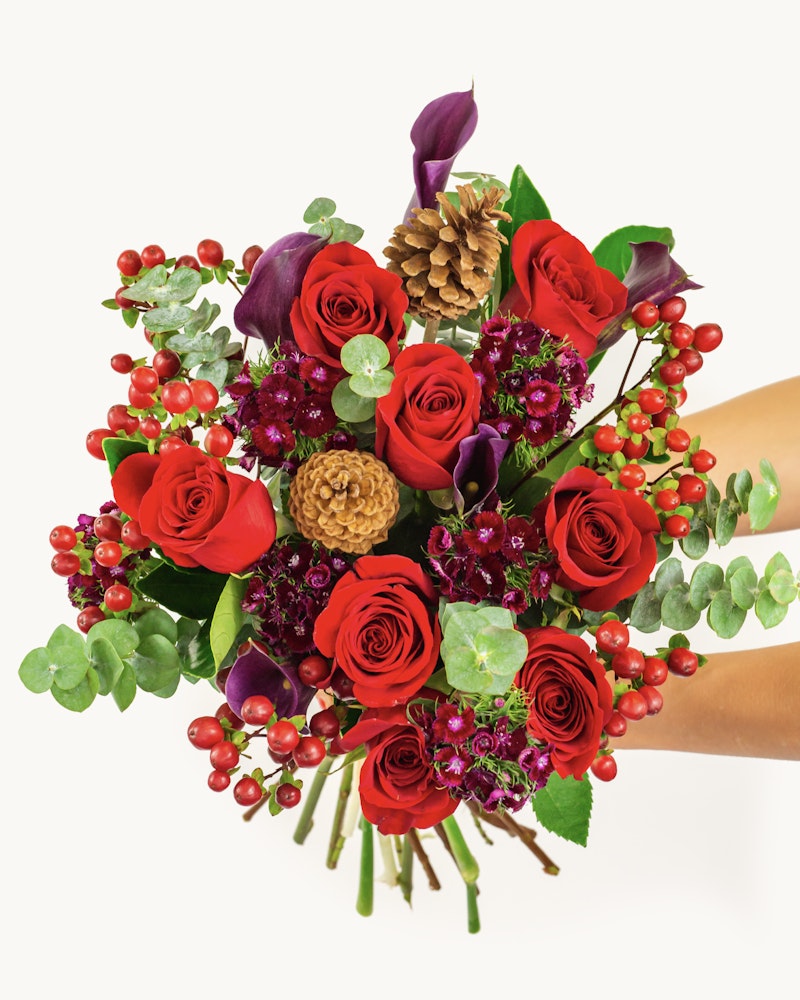 A person holding a vibrant bouquet of red roses, purple calla lilies, and seasonal greenery accented with pinecones against a white backdrop.