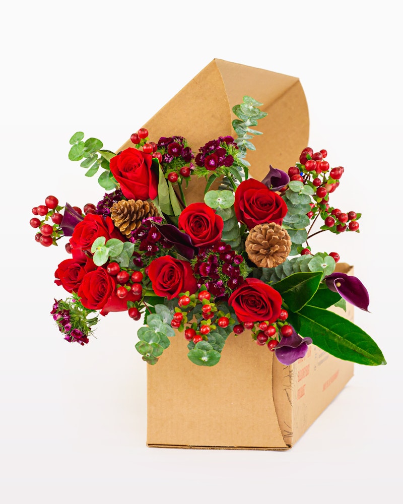 Vibrant bouquet of red roses and seasonal greenery with berries and pine cones emerging from a brown cardboard delivery box on a white background.