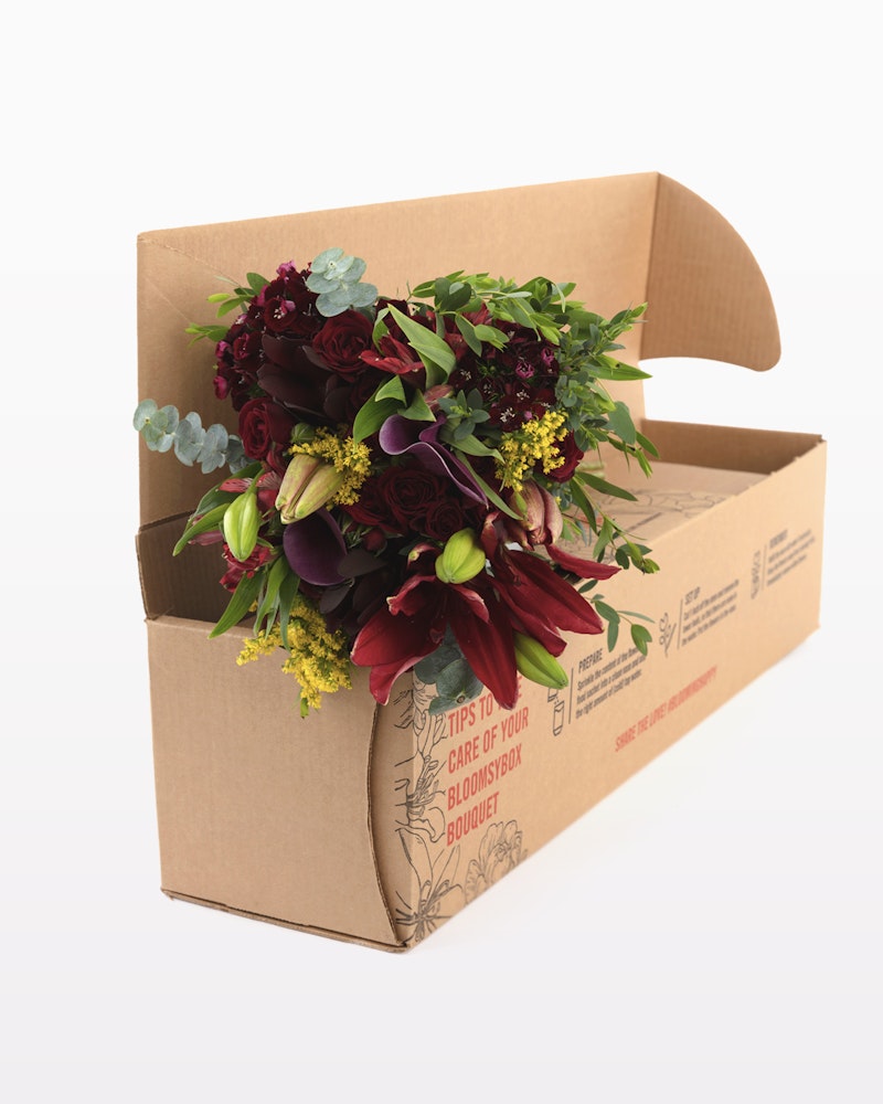 Beautiful bouquet of red and burgundy flowers with greenery spilling from an open cardboard box with care instructions, presenting a fresh floral delivery concept.