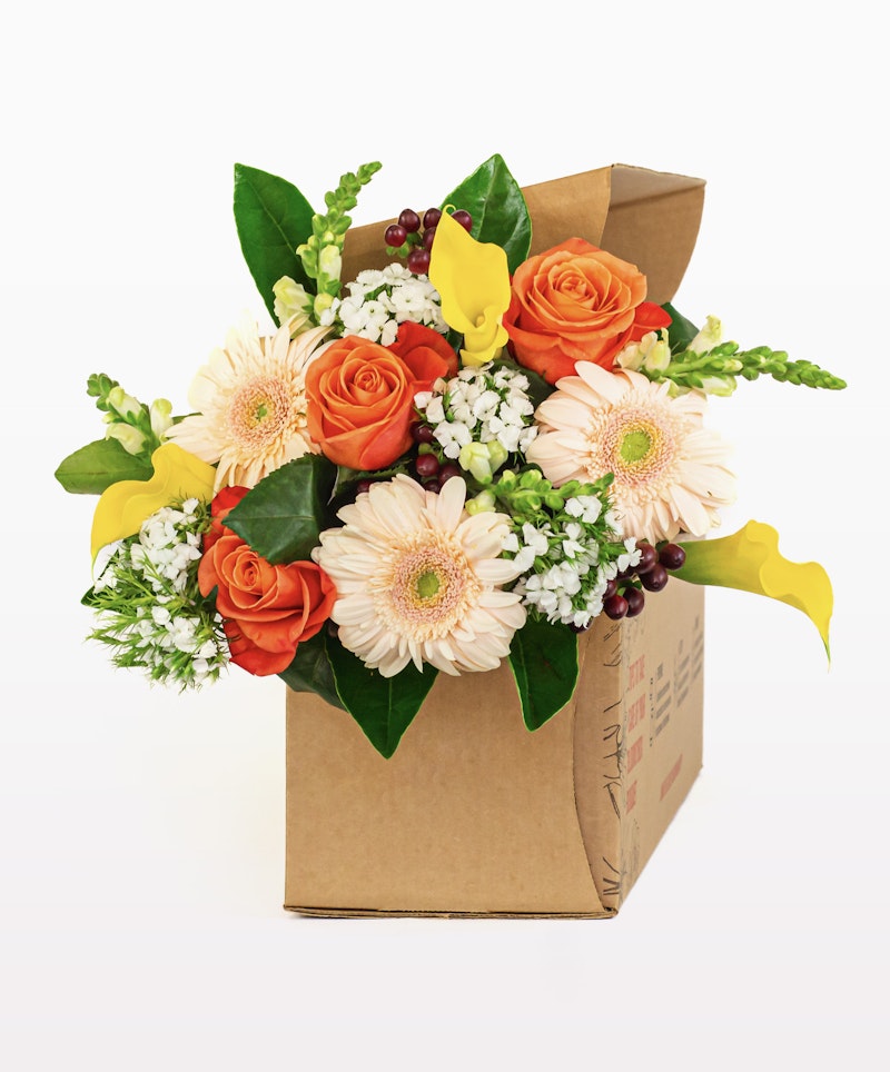 Vibrant floral arrangement with orange roses, pink gerbera daisies, yellow calla lilies, and greenery in a brown cardboard box against a white background.