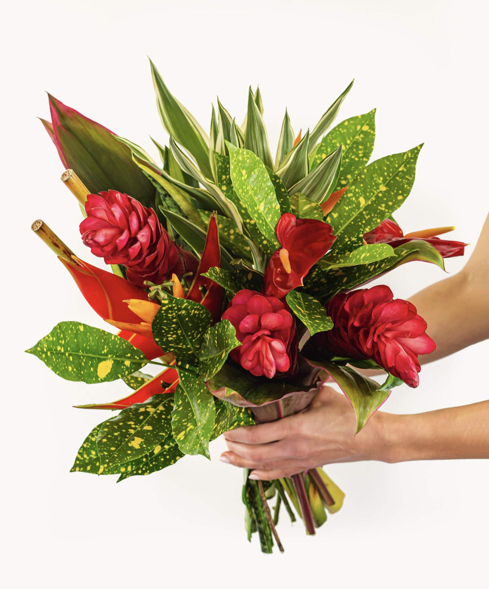 Vibrant tropical bouquet featuring red ginger flowers and lush green leaves, perfect for gifts.
