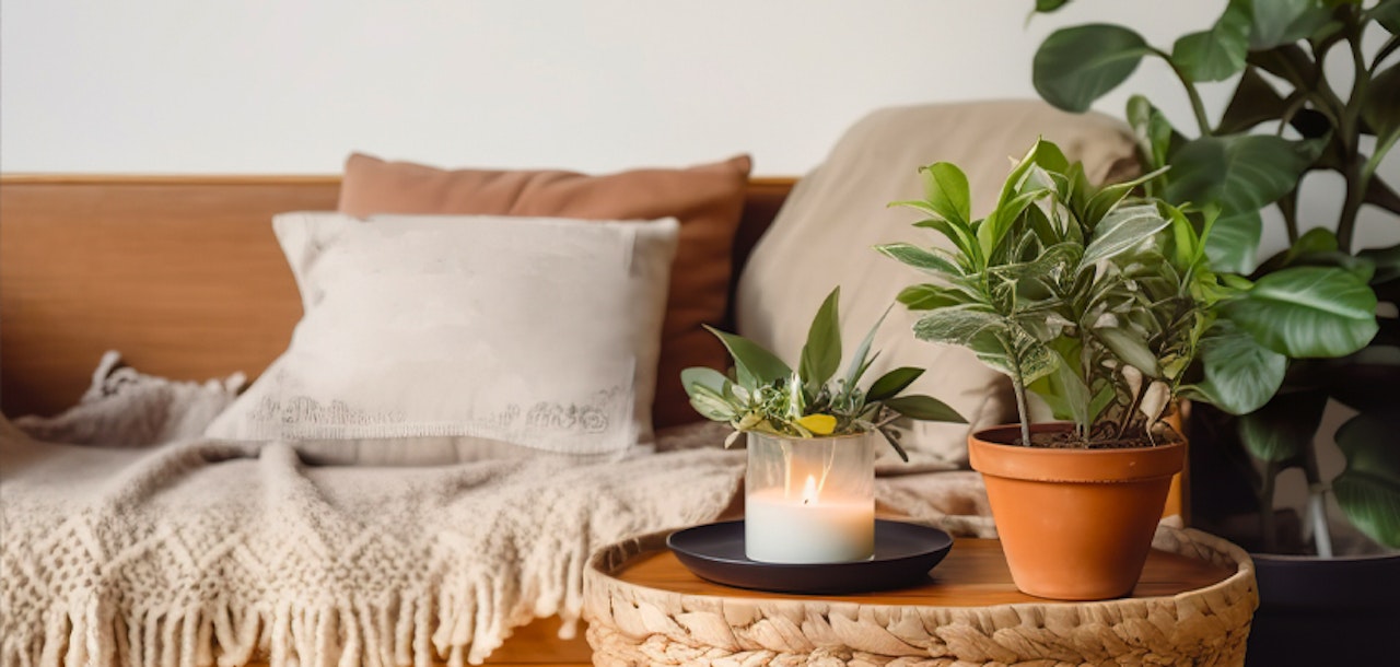 Cozy living room setup featuring a candle, plants, and soft textiles for a tranquil vibe.