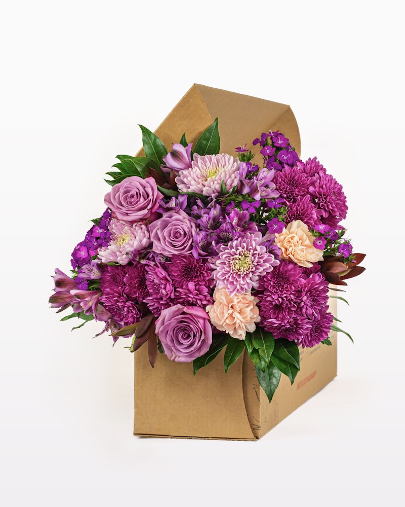 Bouquet of vibrant purple and pink flowers, including roses and dahlias, arranged in a stylish brown cardboard gift box on a white background.