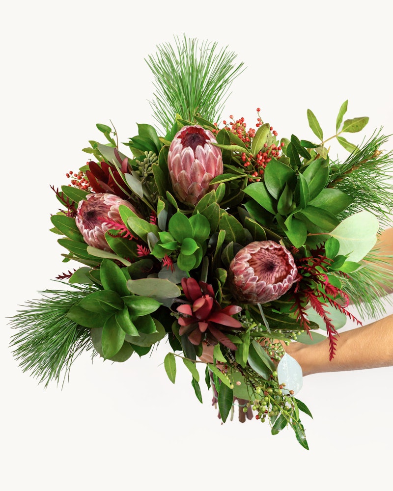 Hand holding a lush bouquet with pink protea flowers, green foliage, red berries, and pine sprigs against a white background.