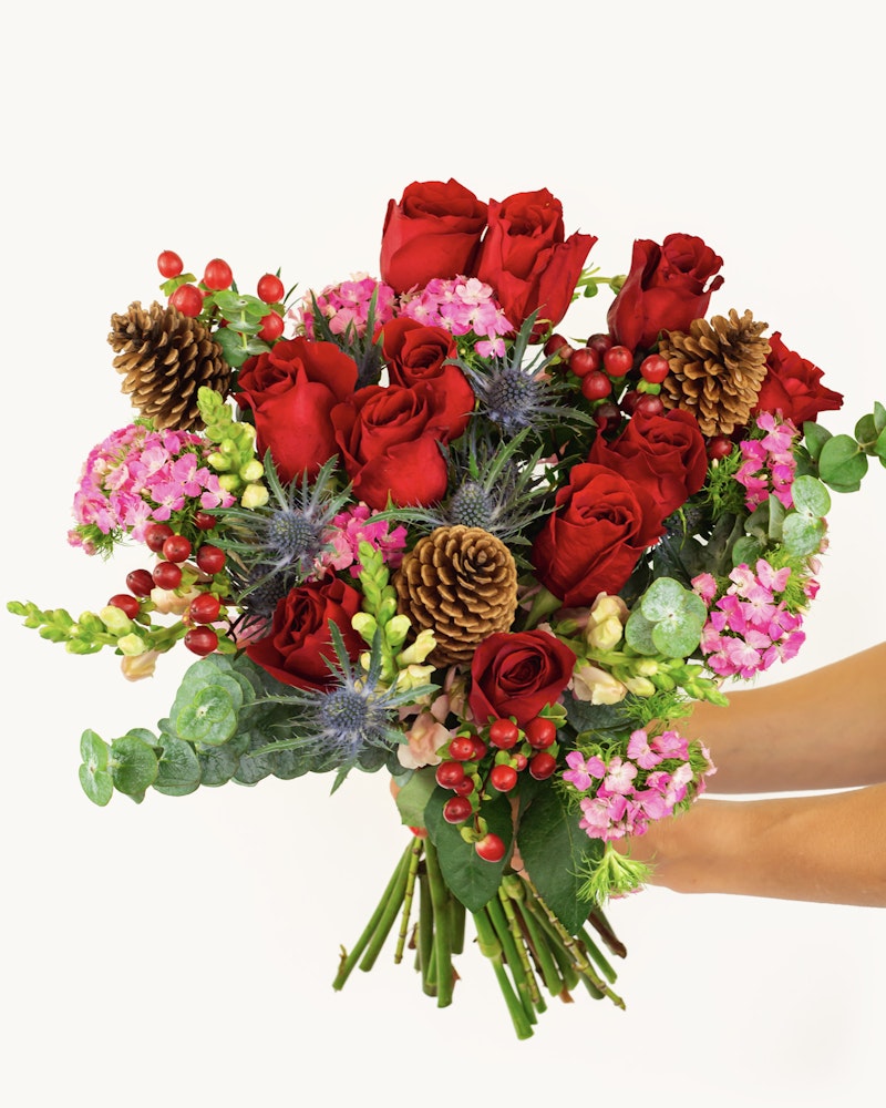 A vibrant bouquet held by a person, featuring red roses, pink blossoms, pine cones, and greenery, creating a festive look against a white background.