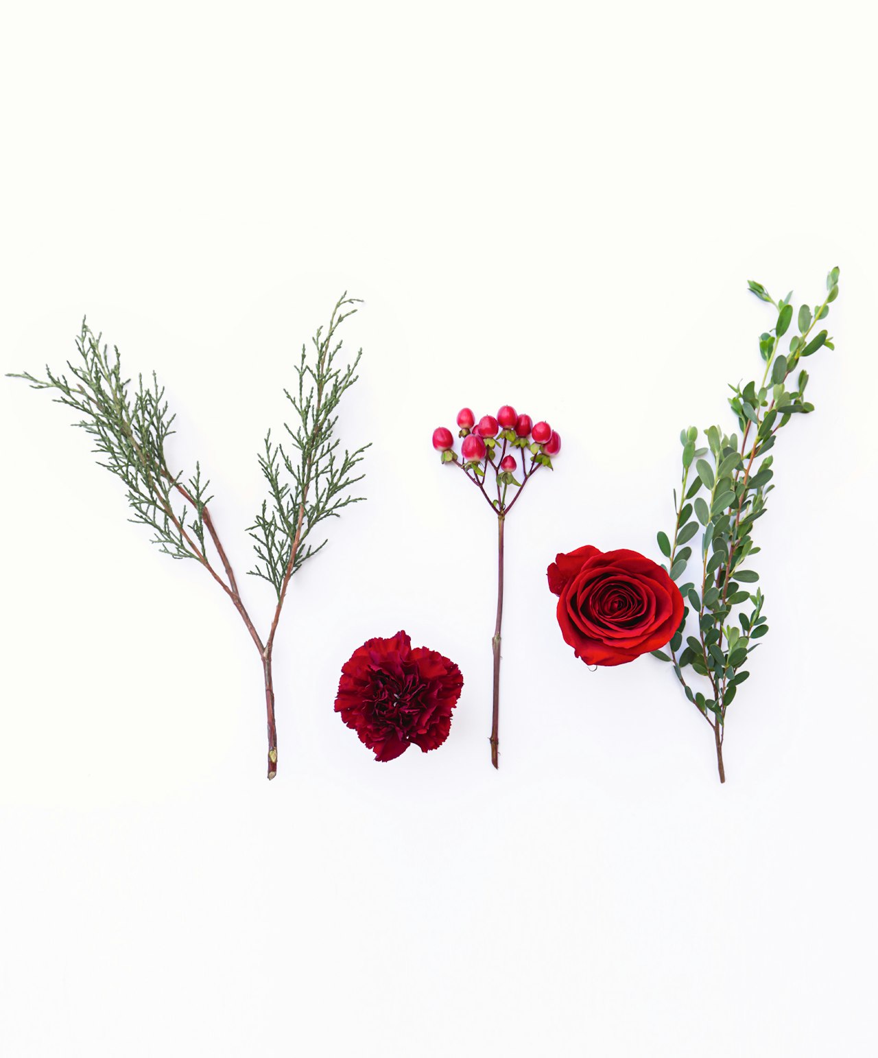A vibrant arrangement of red flowers and greenery creatively displayed on a white background.