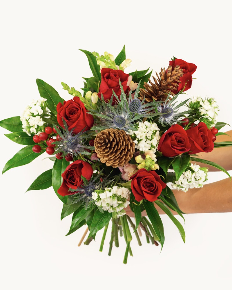 A person holding a festive bouquet of red roses, pine cones, white flowers, and greenery against a white background, perfect for a holiday celebration or gift.