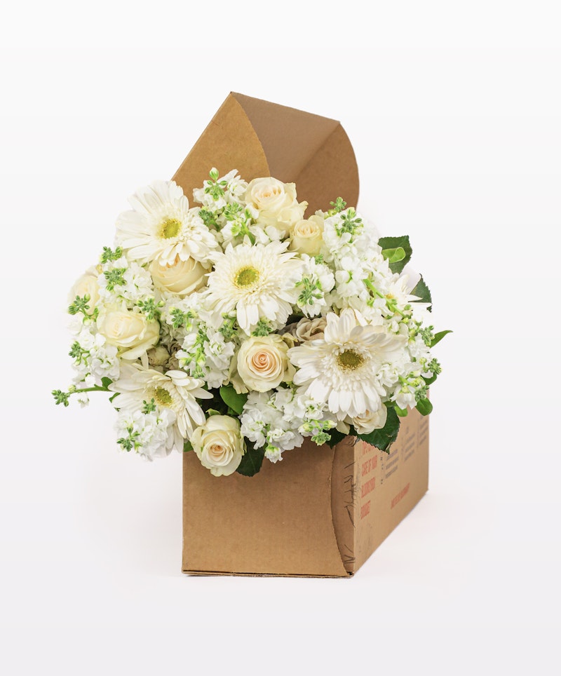 Elegant bouquet of white flowers, including roses and daisies, with lush greenery, packaged in an open brown cardboard box on a white background.