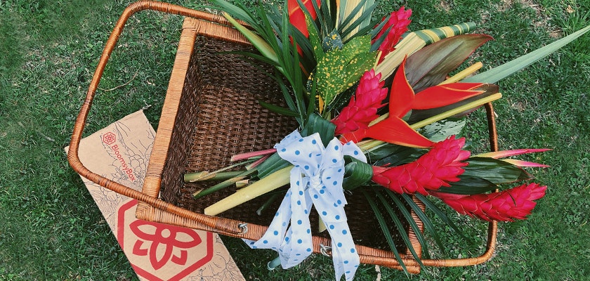 A beautifully arranged floral display with tropical flowers in a woven basket.