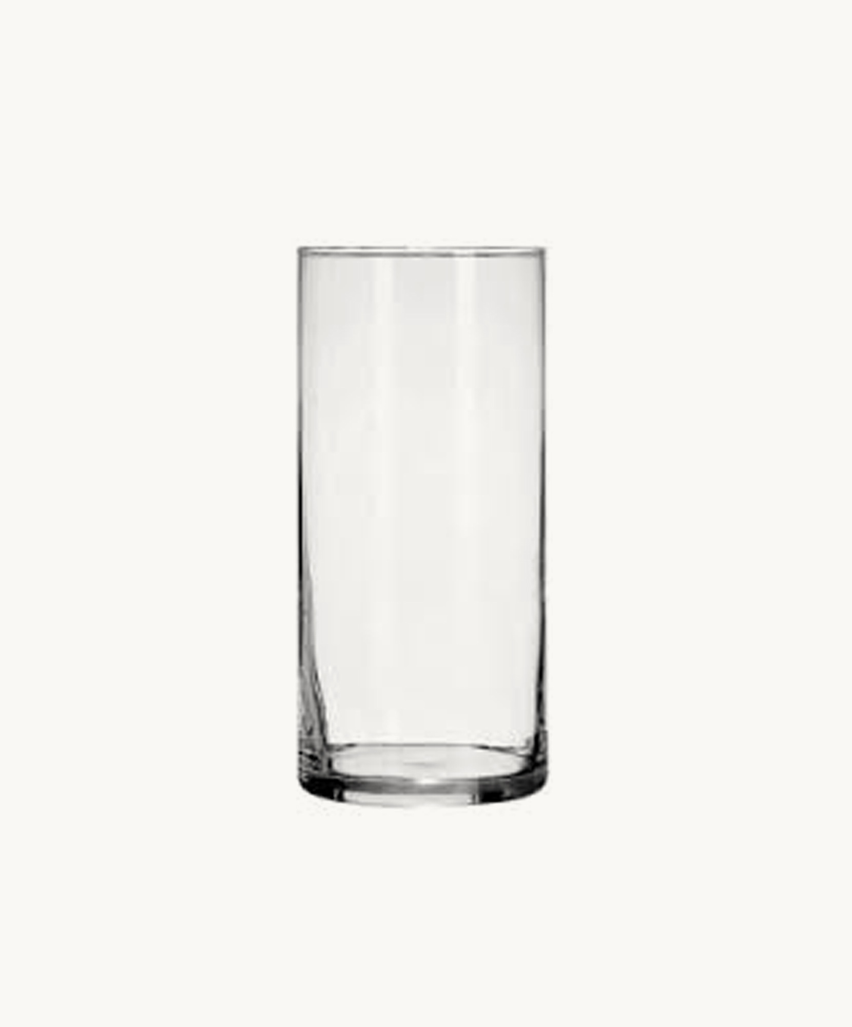 Clear glass vase with a modern design, perfect for floral arrangements and decor.