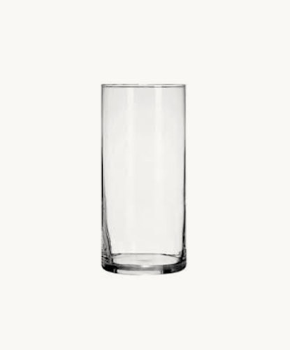 Clear glass vase with a modern design, perfect for floral arrangements and decor.