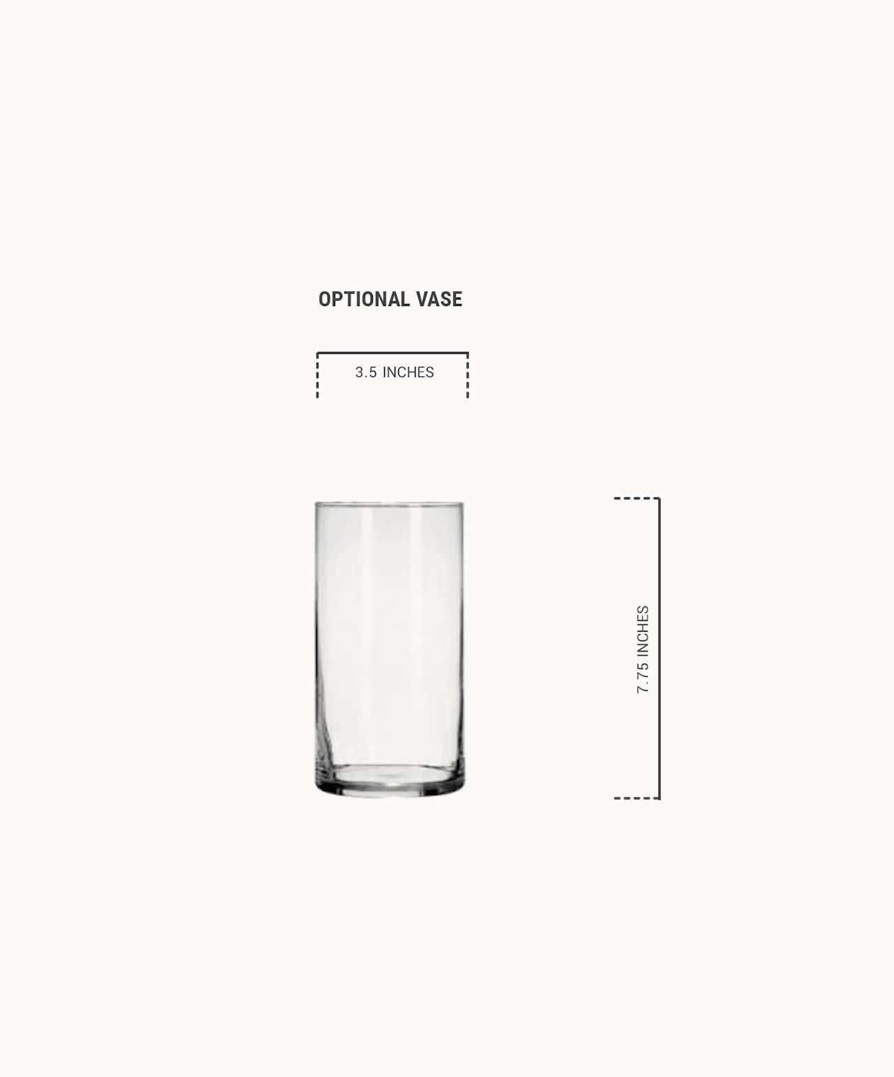 Clear glass vase with precise dimensions, ideal for floral arrangements or home decor.