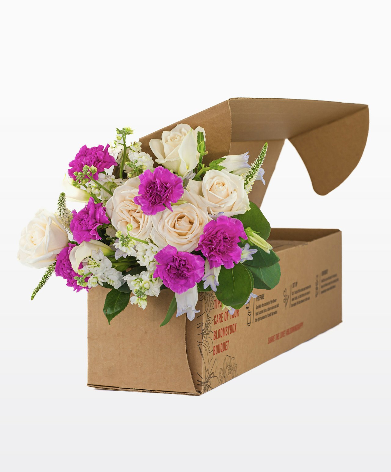 Charming floral bouquet featuring white roses and vibrant purple blooms in a stylish box.