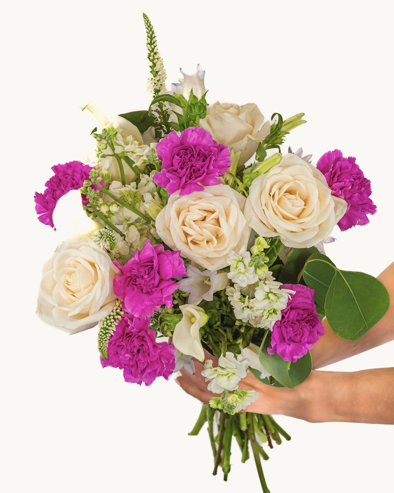A hand presents a vibrant bouquet with lush white roses, vivid pink flowers, and delicate greenery against a clean white background, symbolizing freshness and beauty.