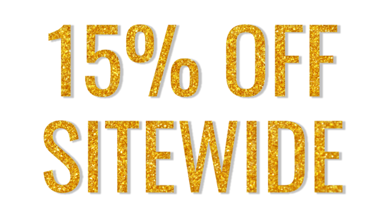 Promotional banner featuring 15% off sitewide, designed with a glittery gold font.