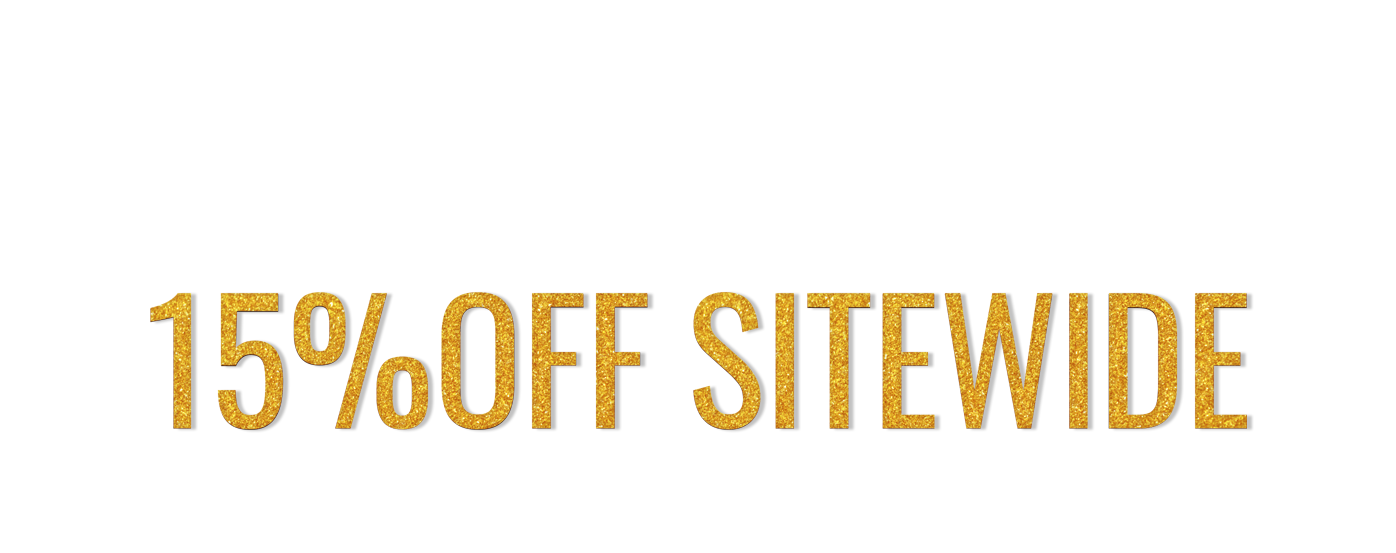 Promotional banner featuring 15% off sitewide, designed with a glittery gold font.