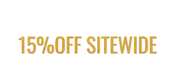 Promotional banner featuring 15% off sitewide, designed with a glittery gold font.