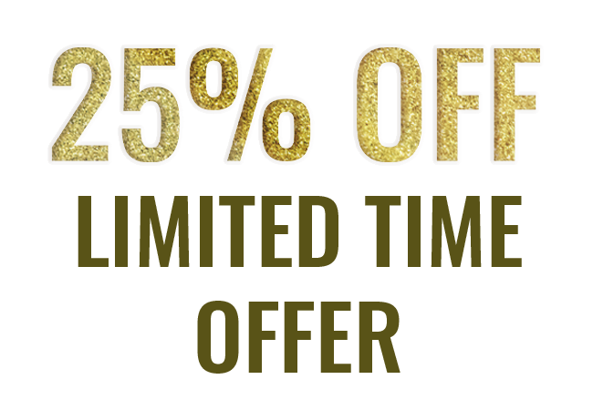 Bold gold text advertising a 25% discount for a limited-time offer, capturing attention effectively.