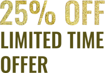 Bold gold text advertising a 25% discount for a limited-time offer, capturing attention effectively.