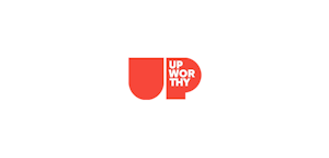 Bold red and white logo with the text "UPWORTHY" creatively designed with a cup silhouette forming the letter "U" on a plain light background.