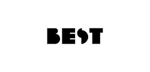 Black text on a white background spelling the word "BEST" with a clever design incorporating a thumbs-up icon into the letter 'B'.