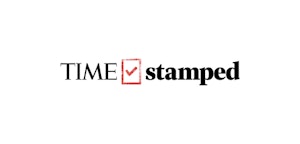 Graphic logo featuring the word "TIME" in bold uppercase letters followed by a lowercase "stamped" with a red checkmark box placed over the 'V' resembling a verification stamp.