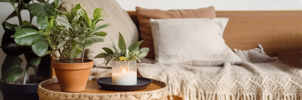 Cozy living room scene featuring potted plants, a candle, and soft cushions on a stylish sofa.