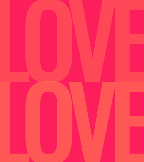 Vibrant pink background featuring the word "LOVE" repeated in bold, striking typography.