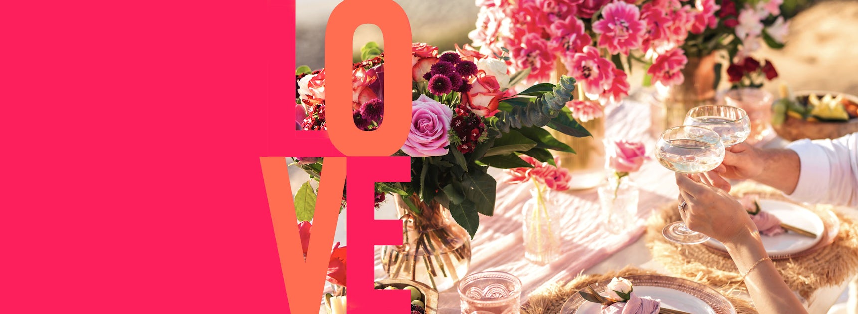 A vibrant outdoor dining scene with flowers, drinks, and a romantic atmosphere.