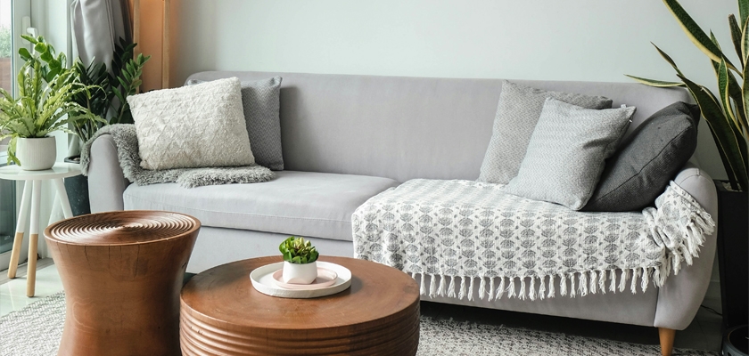 Stylish living room featuring a modern gray sofa with decorative pillows and a wooden coffee table.