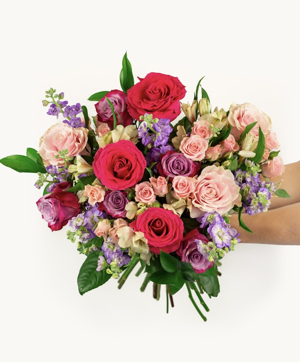 Colorful bouquet of fresh flowers including red, pink, and purple roses along with delicate purple filler flowers, held in hand against a white background.